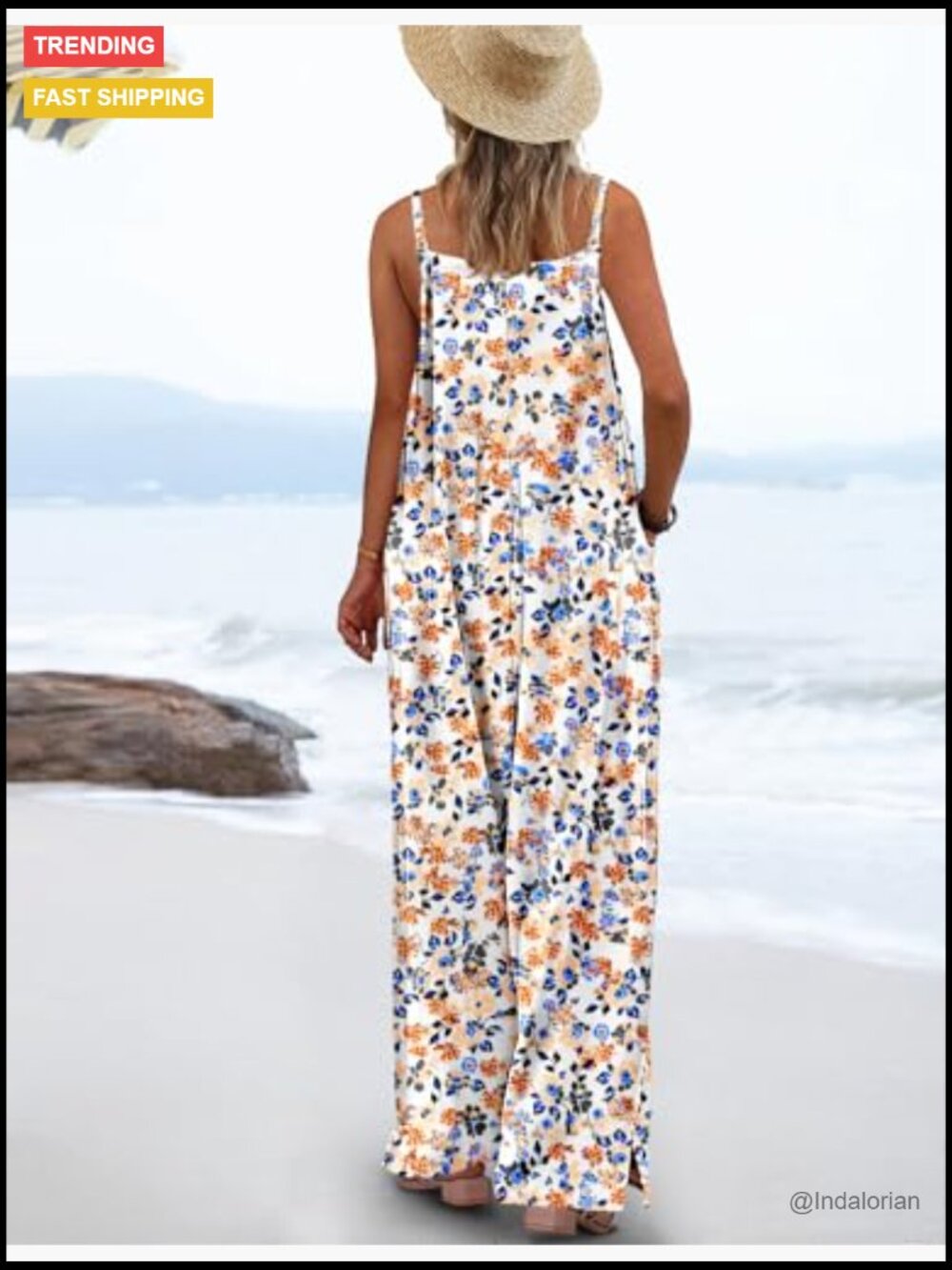 Women's Summer Boho Cotton Casual Jumpsuit Wide Leg Overalls Floral Print Baggy - Picture 2 of 7